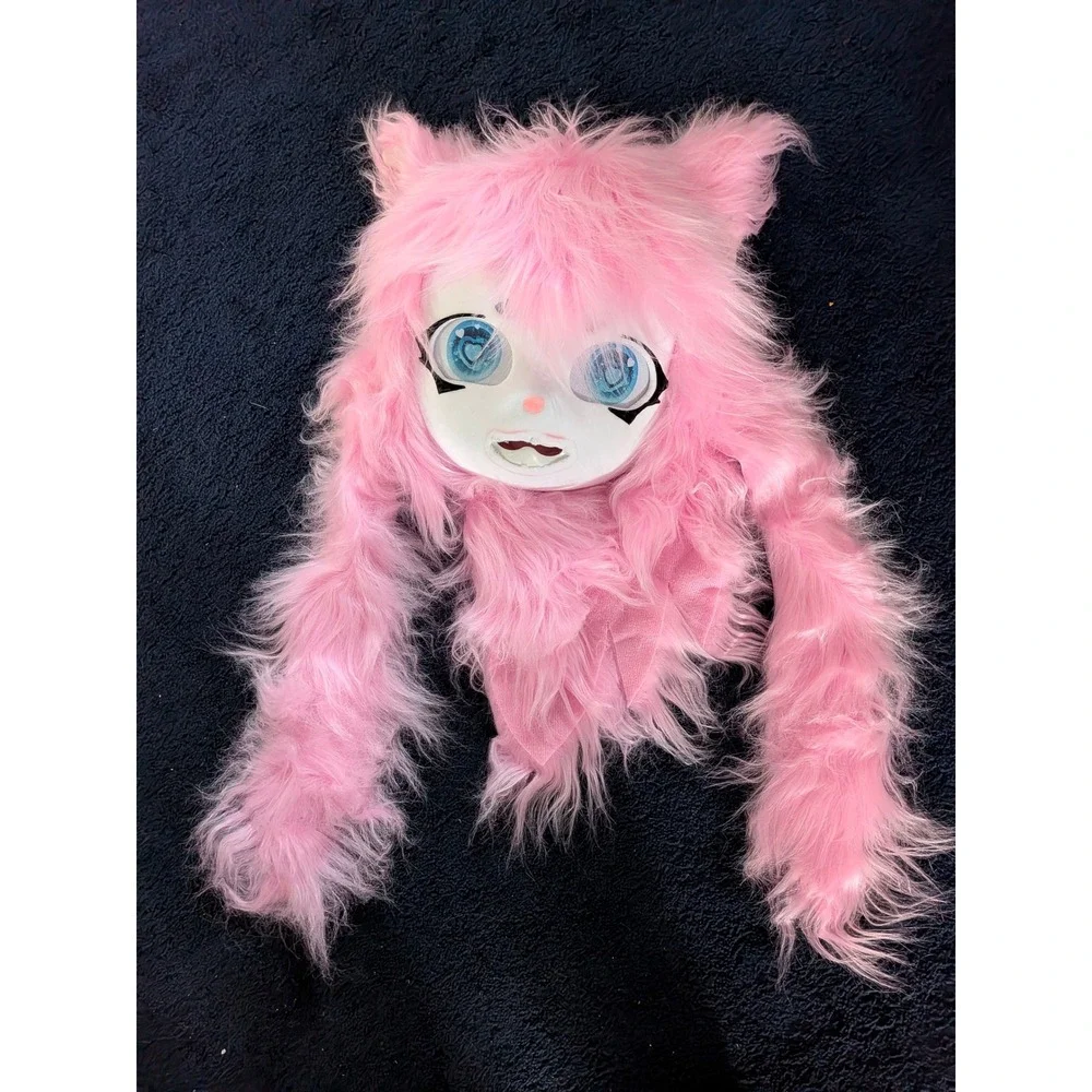 Pink Faux Fur Anime Animal Mask Hood Blue Eyes Kids Costume Cosplay Halloween